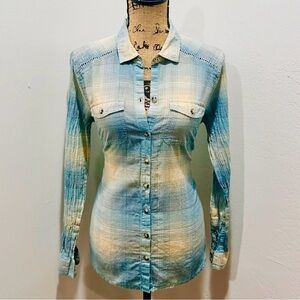 Women Toad & Co Blue Yellow Lightweight Button Down Flannel Shirt Size M